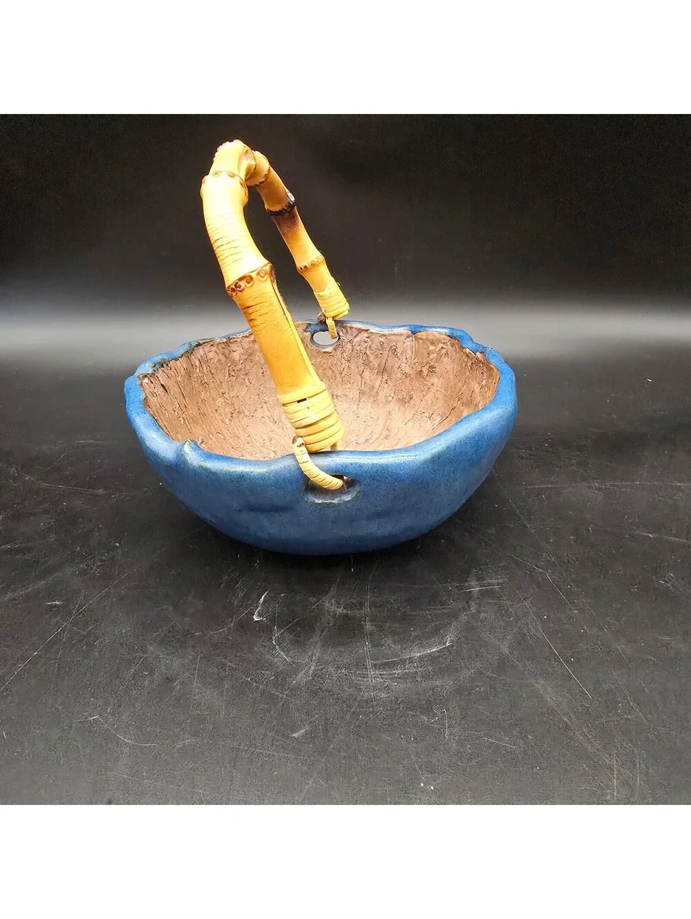 Handmade Studio Pottery Lotus Leaf Basket Bowl Blue Glazed Bamboo Handle Signed